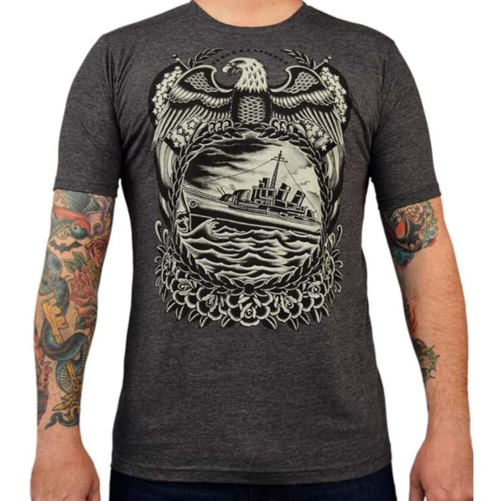 Battleship Nautical Rockabilly Shirt Men's Heather Gray Tee S-M-L-XL-2XL NWT